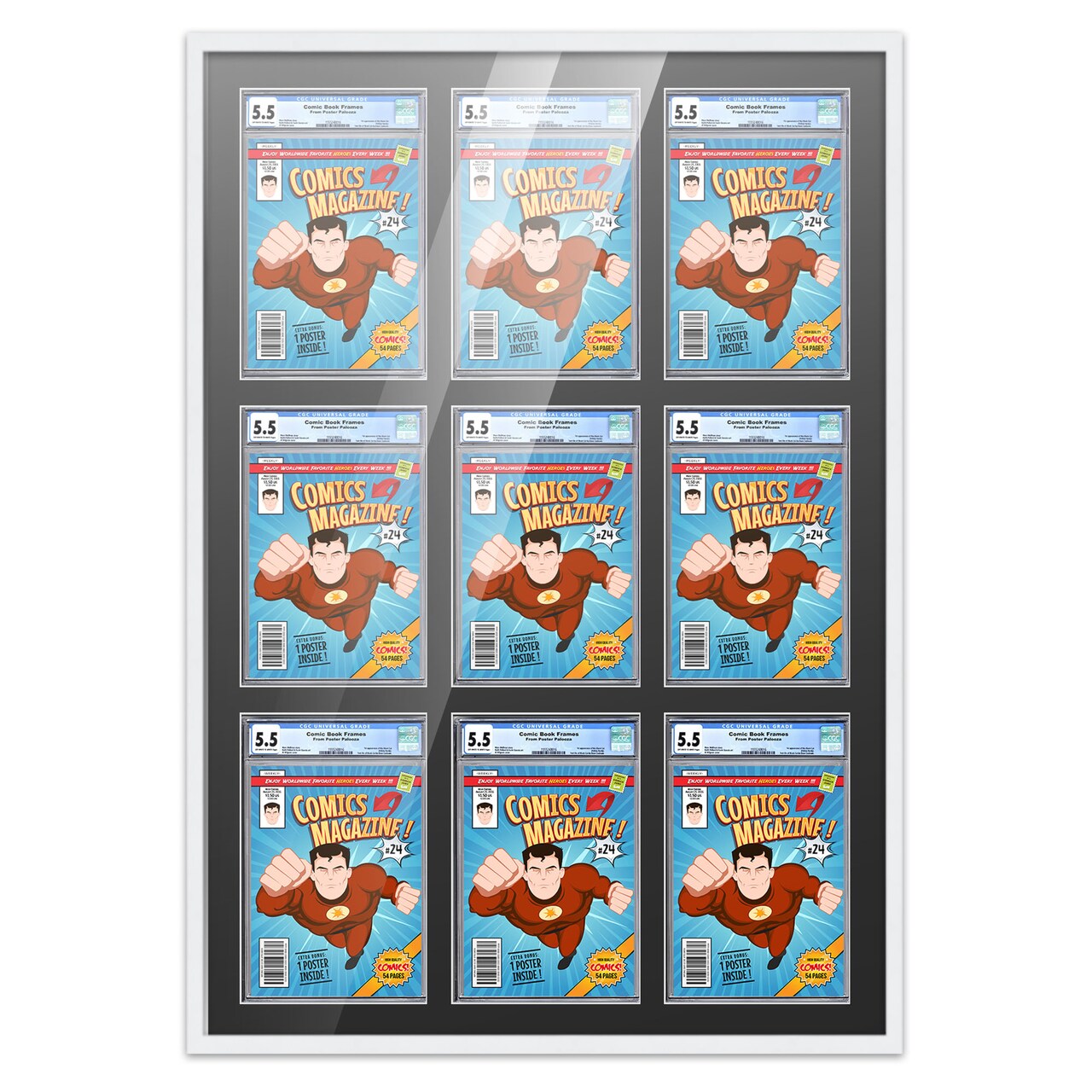 Comic Book Display Frame for Graded Comics - White Wood Comic Frame With Black Mat for 8.125x13 Comics, 18 Frame Sizes
